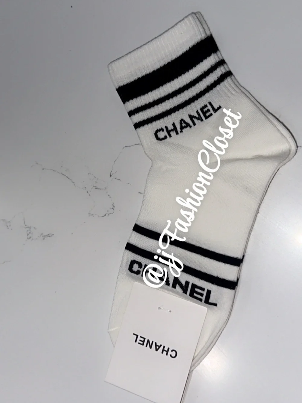 CCute White and Black Striped Logo Crew Socks